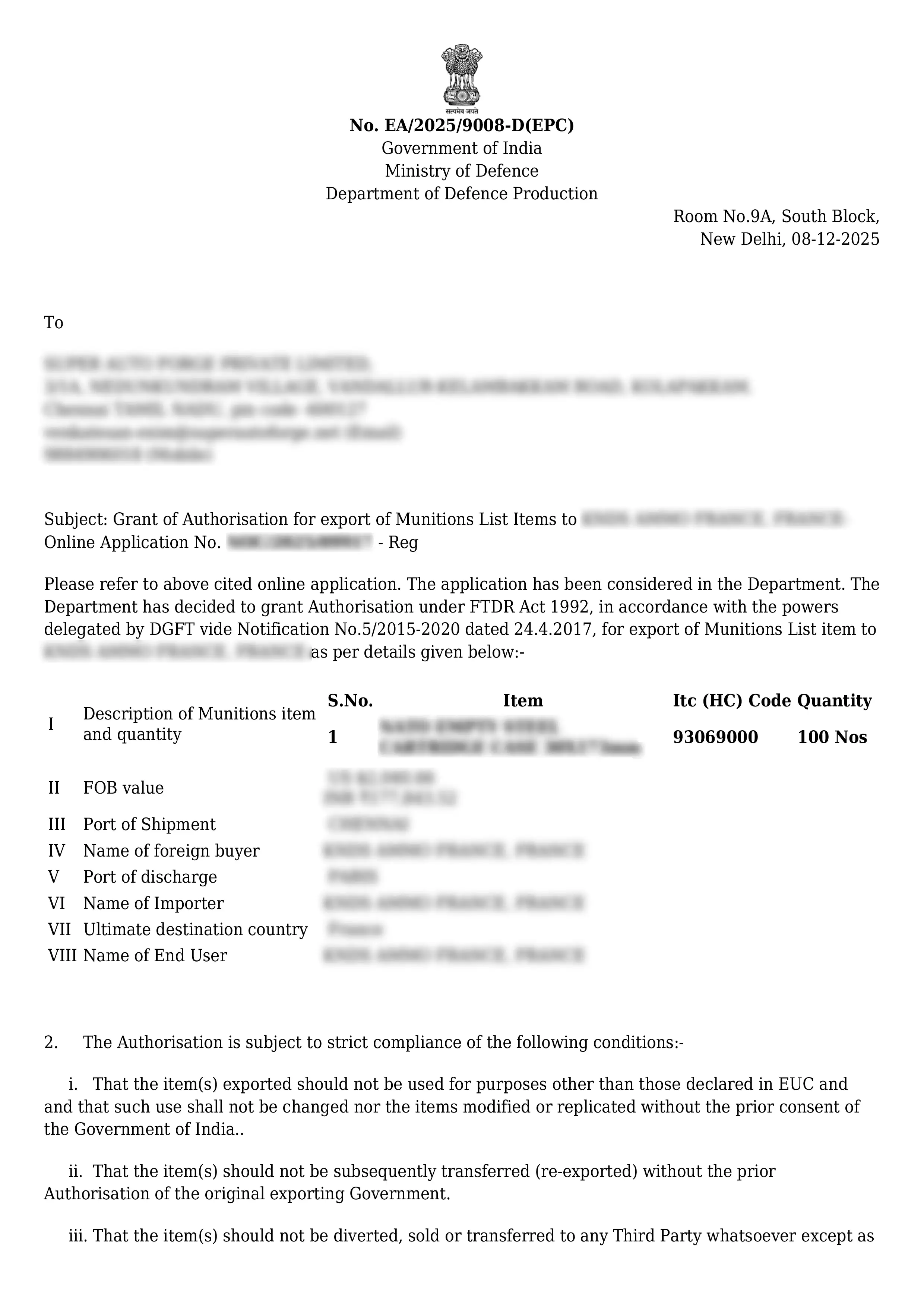 Export of Defence Products Certificate
