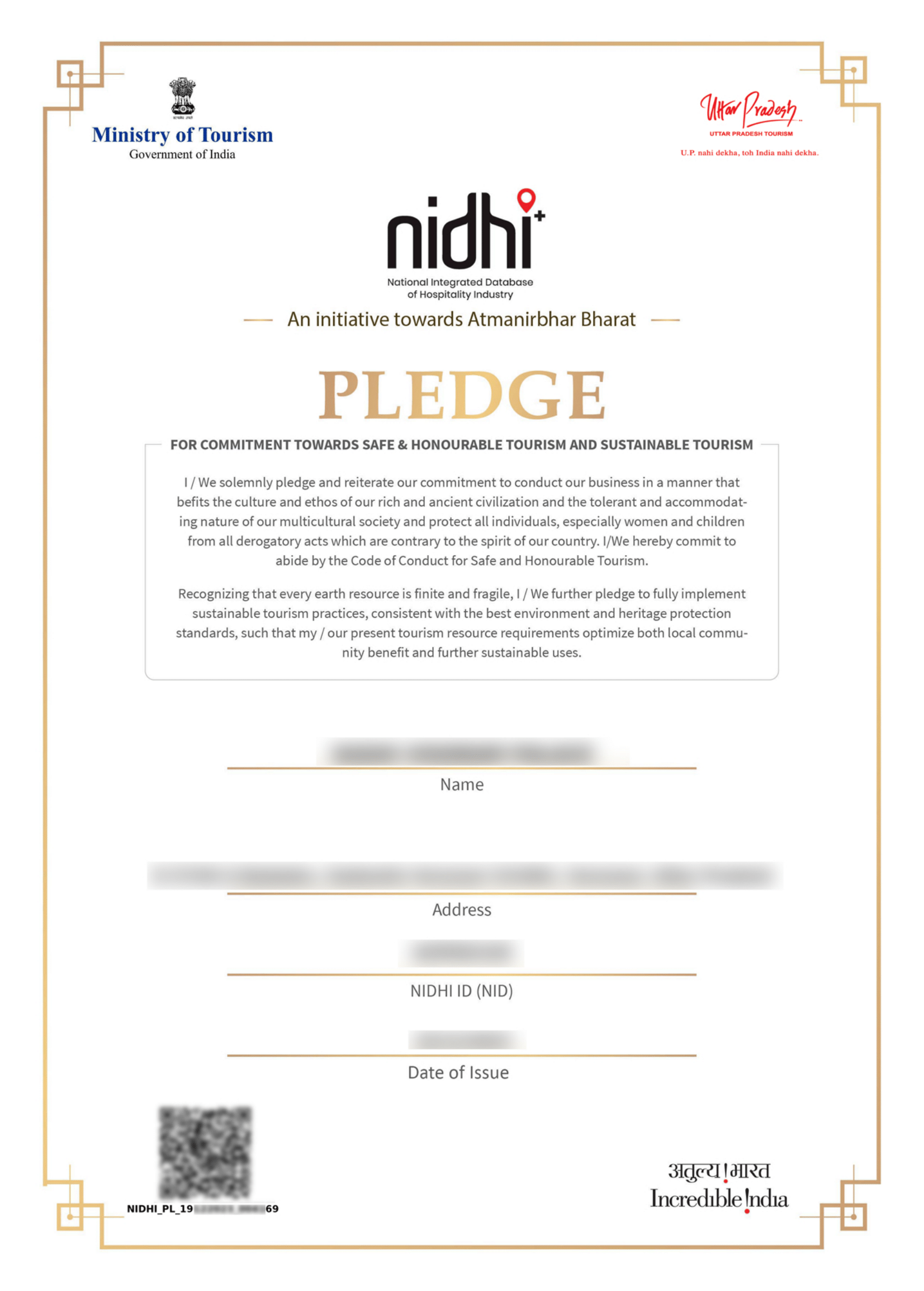 Bed & Breakfast Pledge Certificate