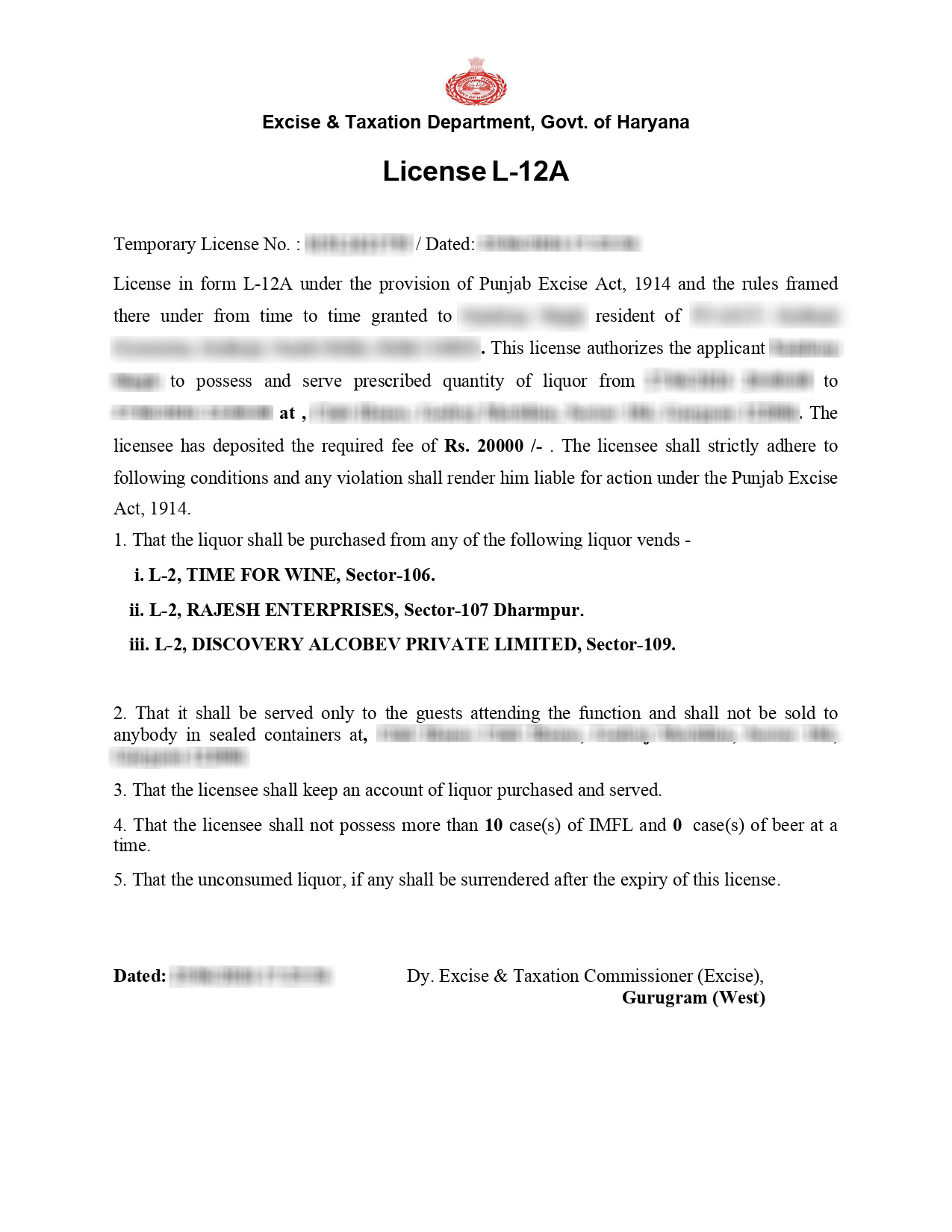 Liquor License in Haryana Certificate Sample