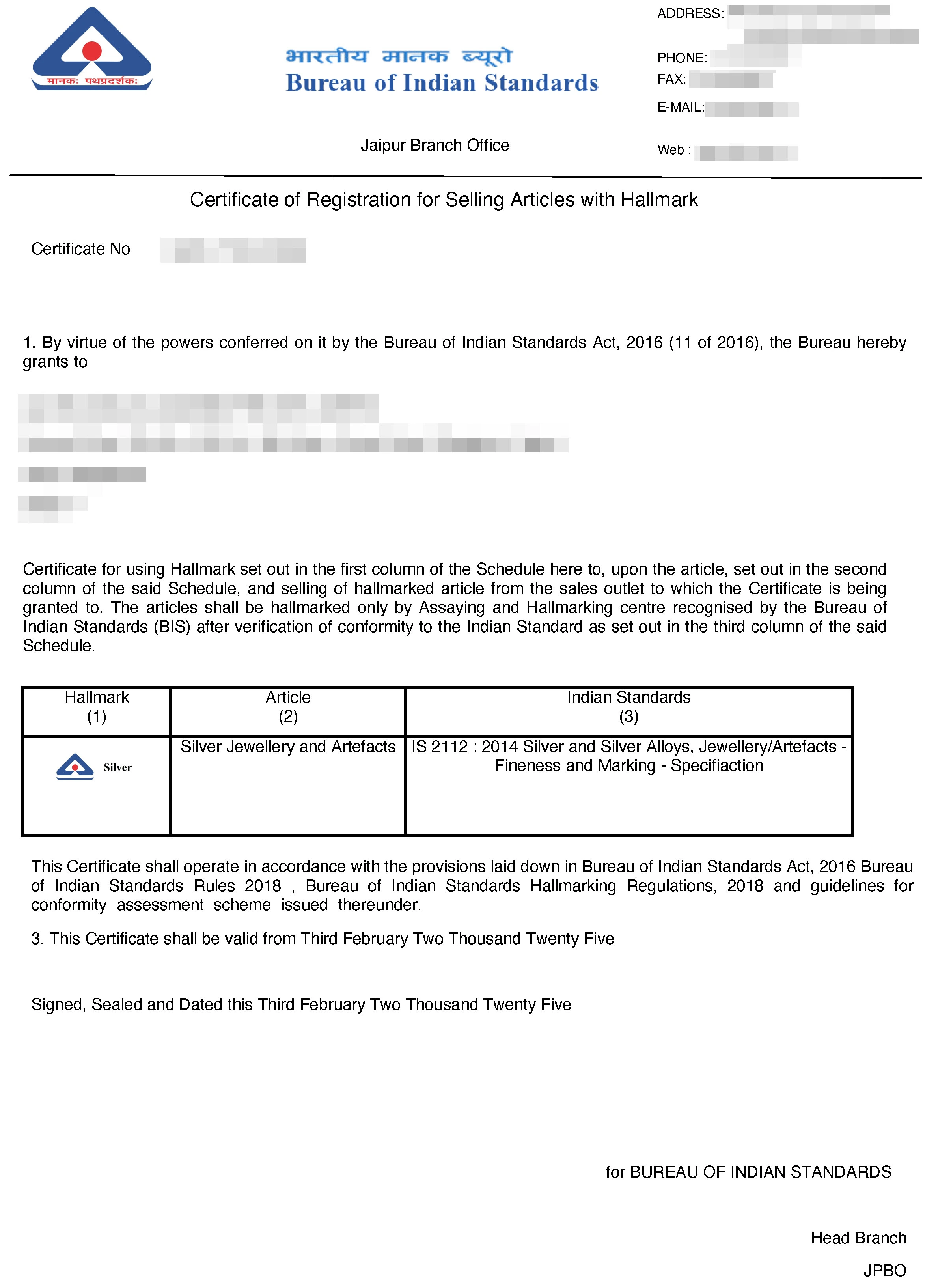 BIS Hallmark Certificate