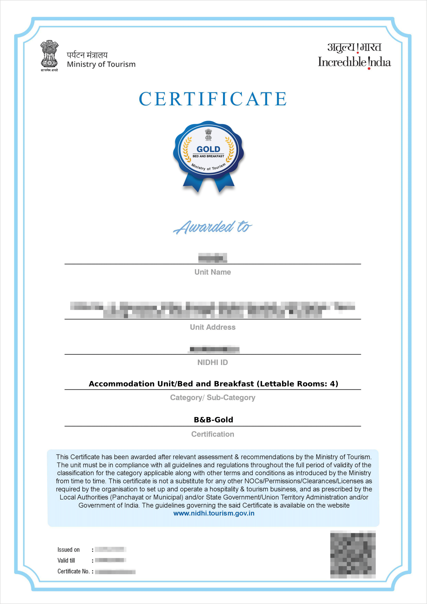 Bed & Breakfast  Certificate