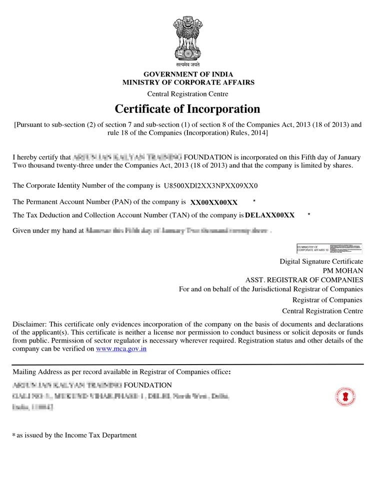 Certificate of incorporation section 8 company