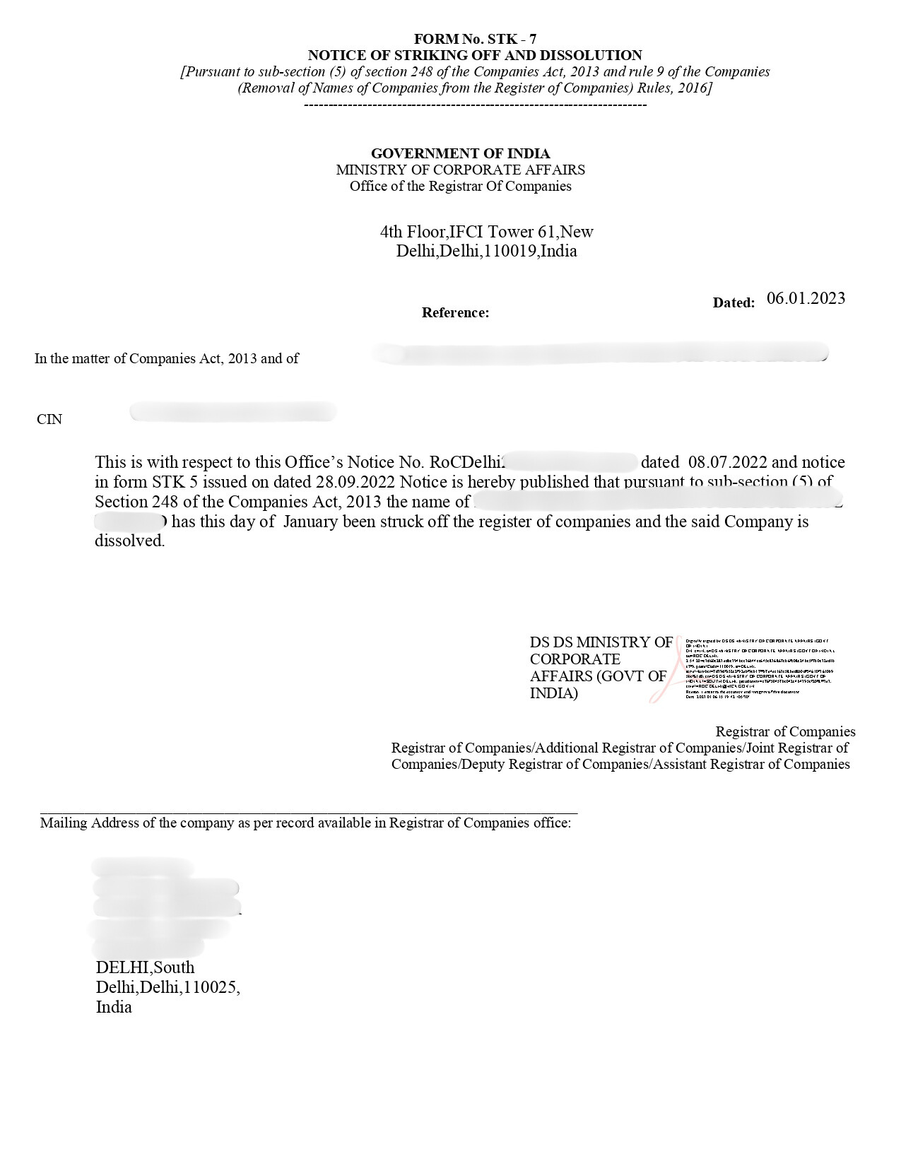 Company Closure Certificate Sample