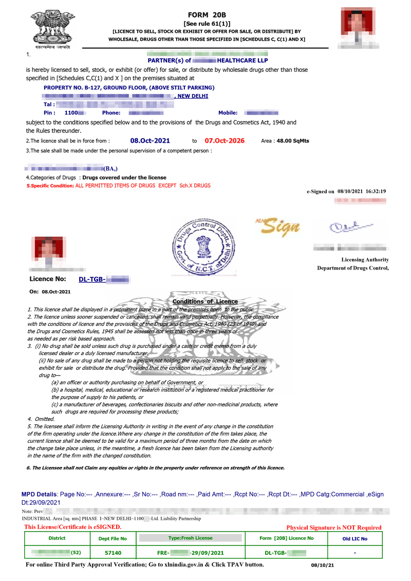 Drug License Certificate Sample