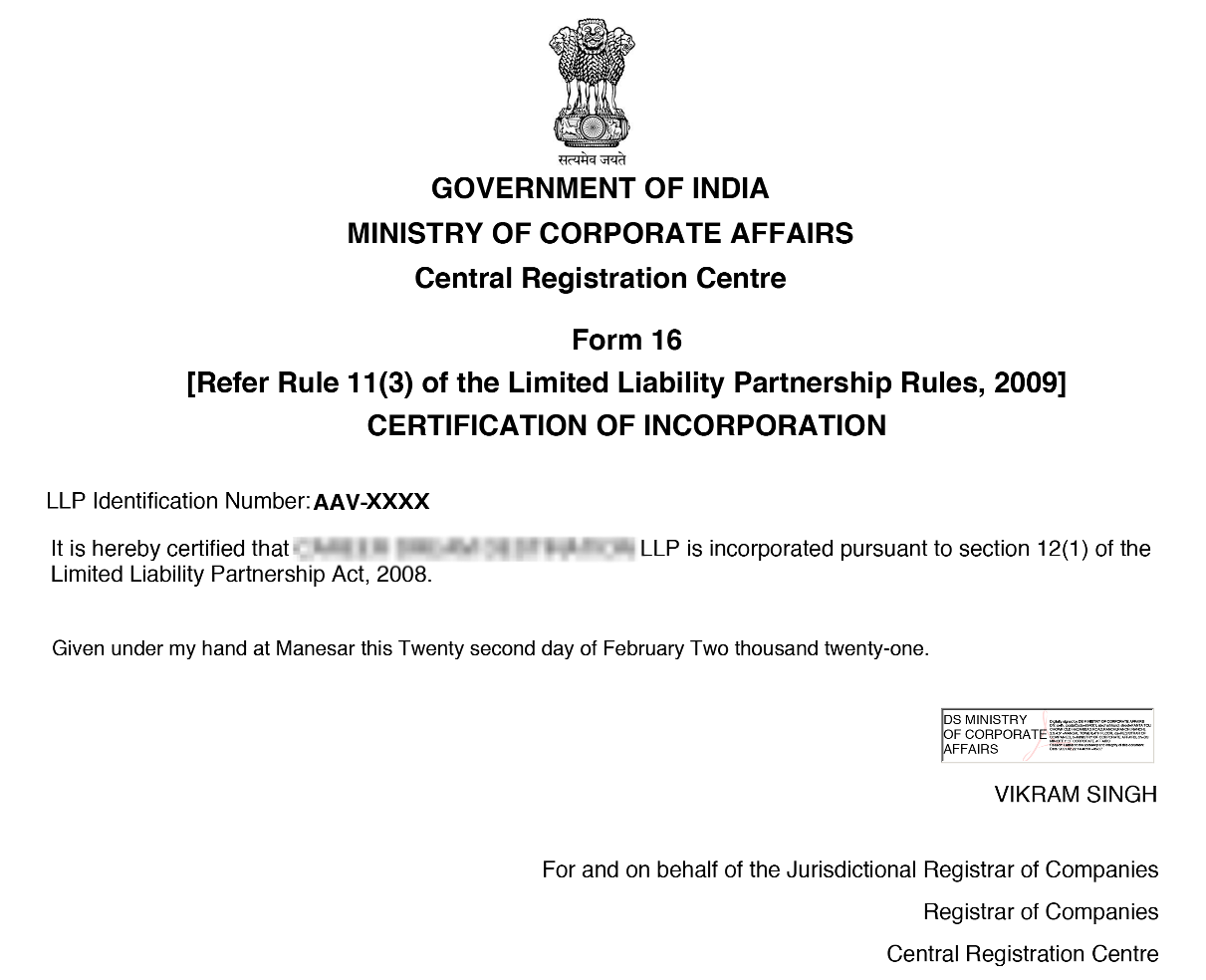 LLP registration certificate sample
