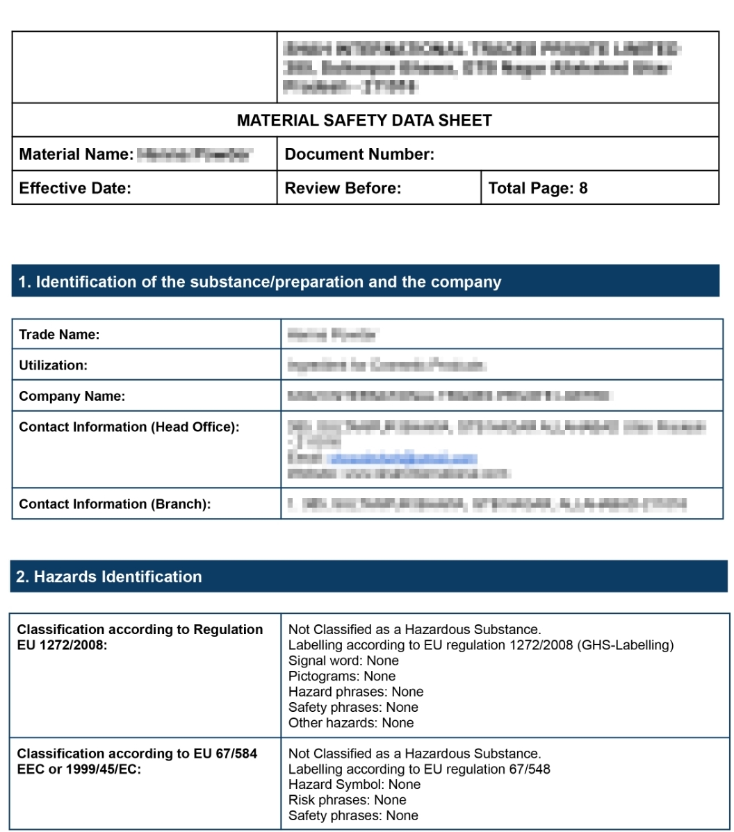 MSDS Certificate in Hydrochloric Acid