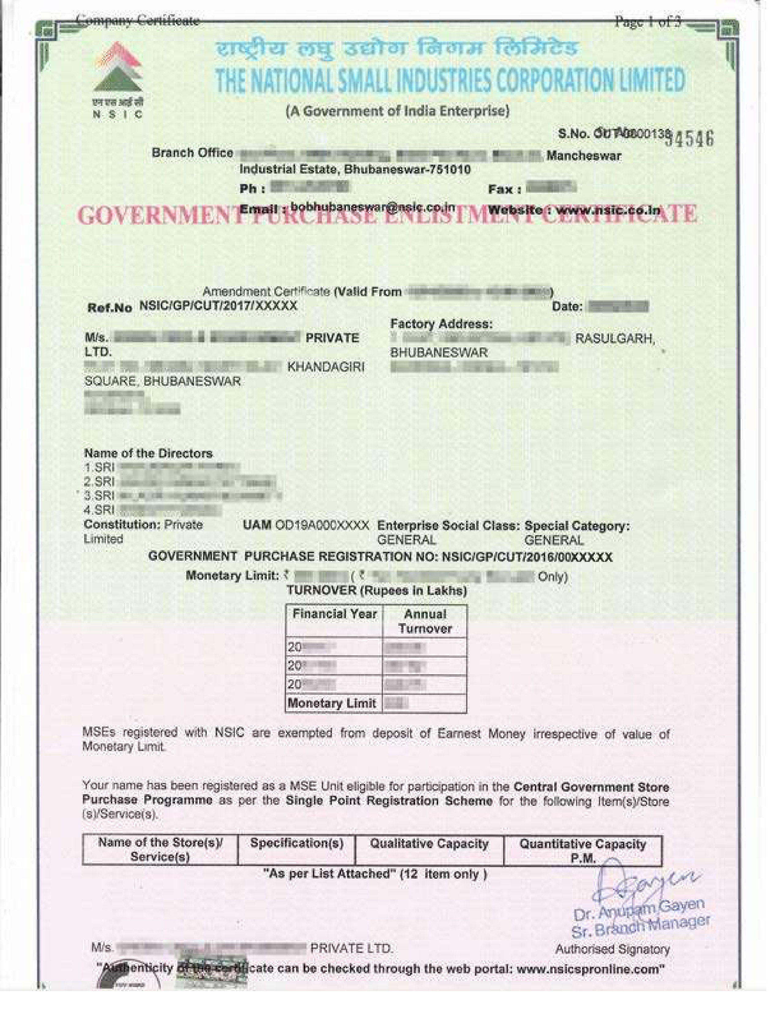 NSIC Registration Certificate Sample