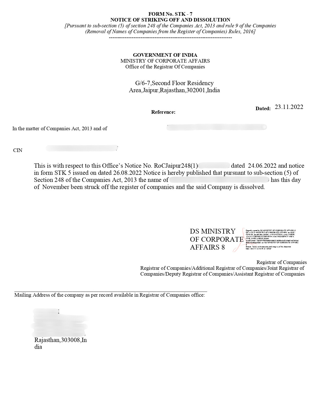 Section 8 Company Closure Certificate