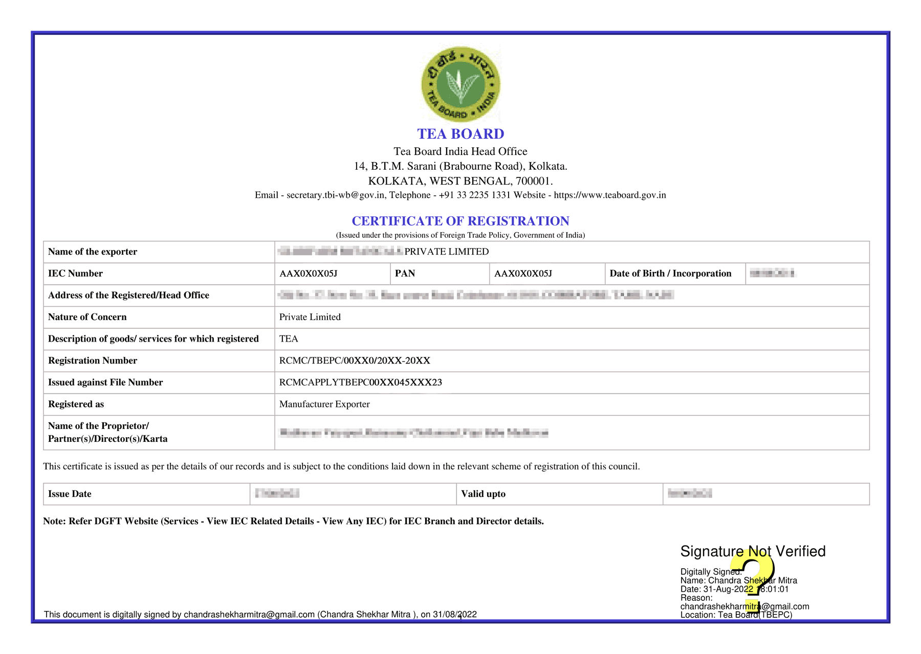 Registration cum Membership Certificate