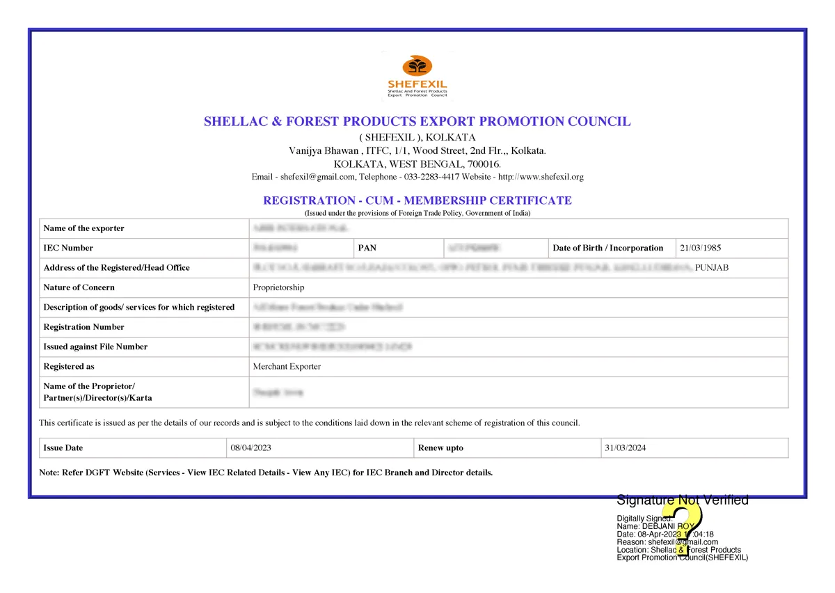 SHELLAC FOREST PRODUCTS EXPORT PROMOTION COUNCIL LICENSE