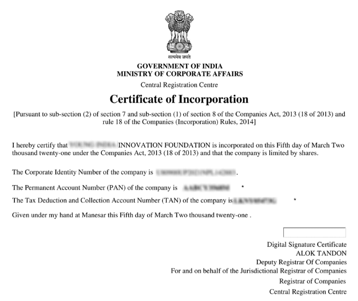 Section 8 Incorporation Certificate Sample