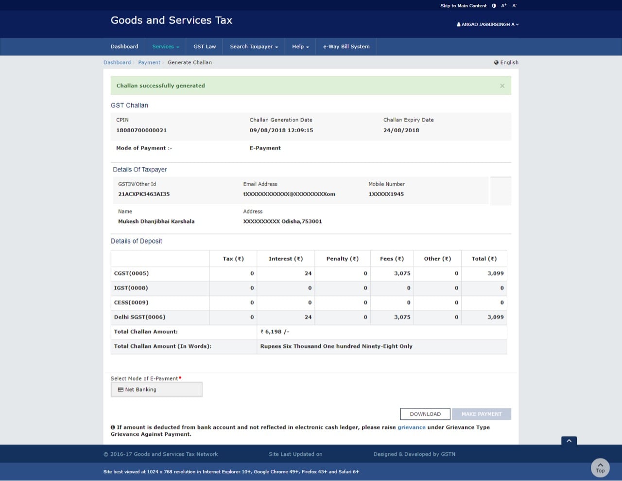 Generated GST challan for GSTR-10 payment