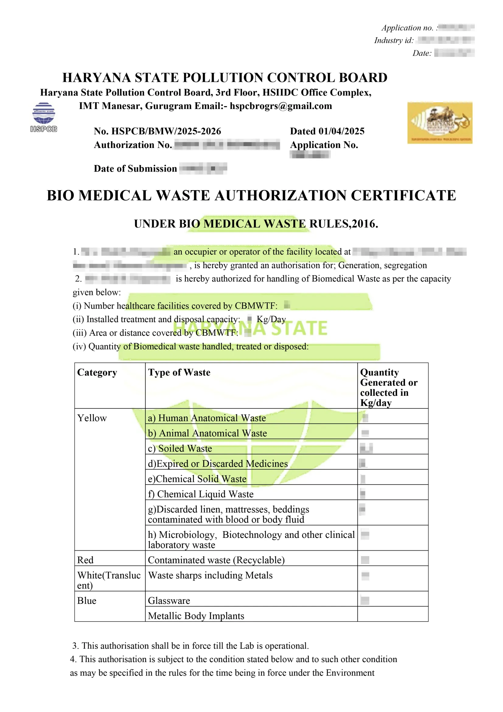 Biomedical waste management authorization Certificate [Sample]