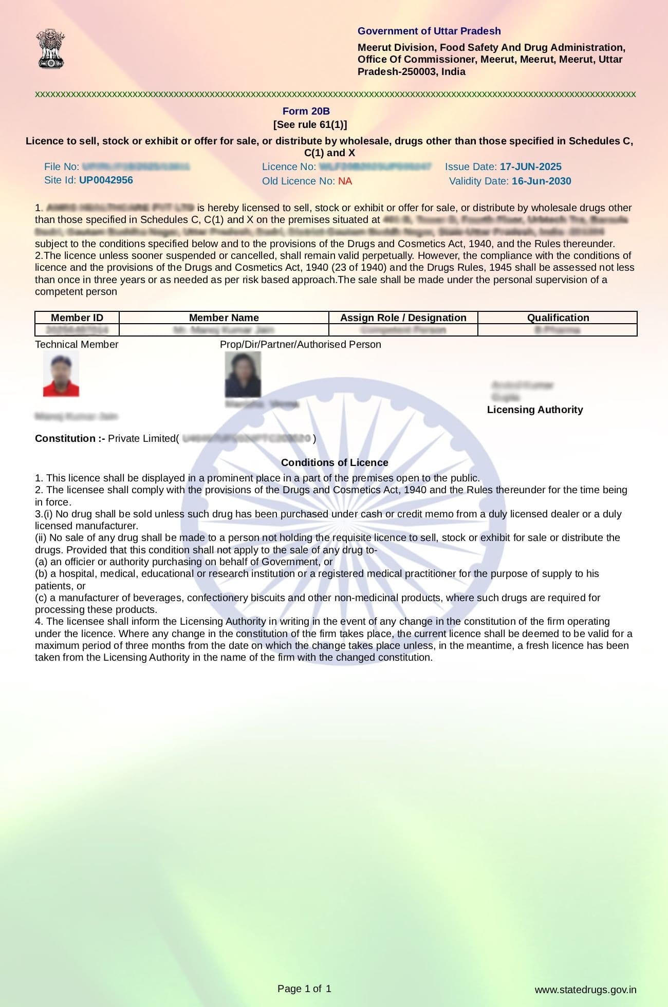 Drug License Certificate Sample