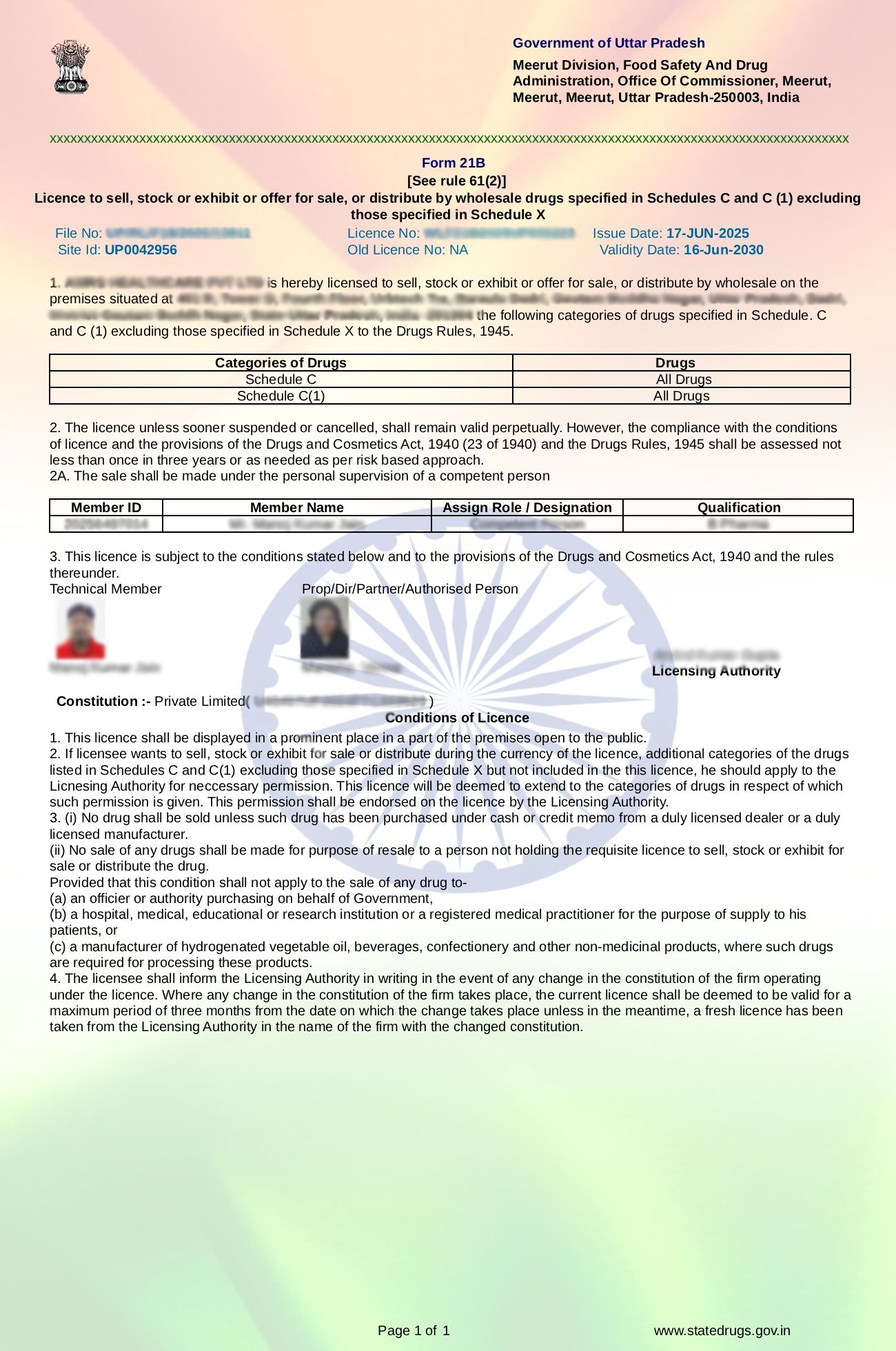 Drug License Certificate Sample