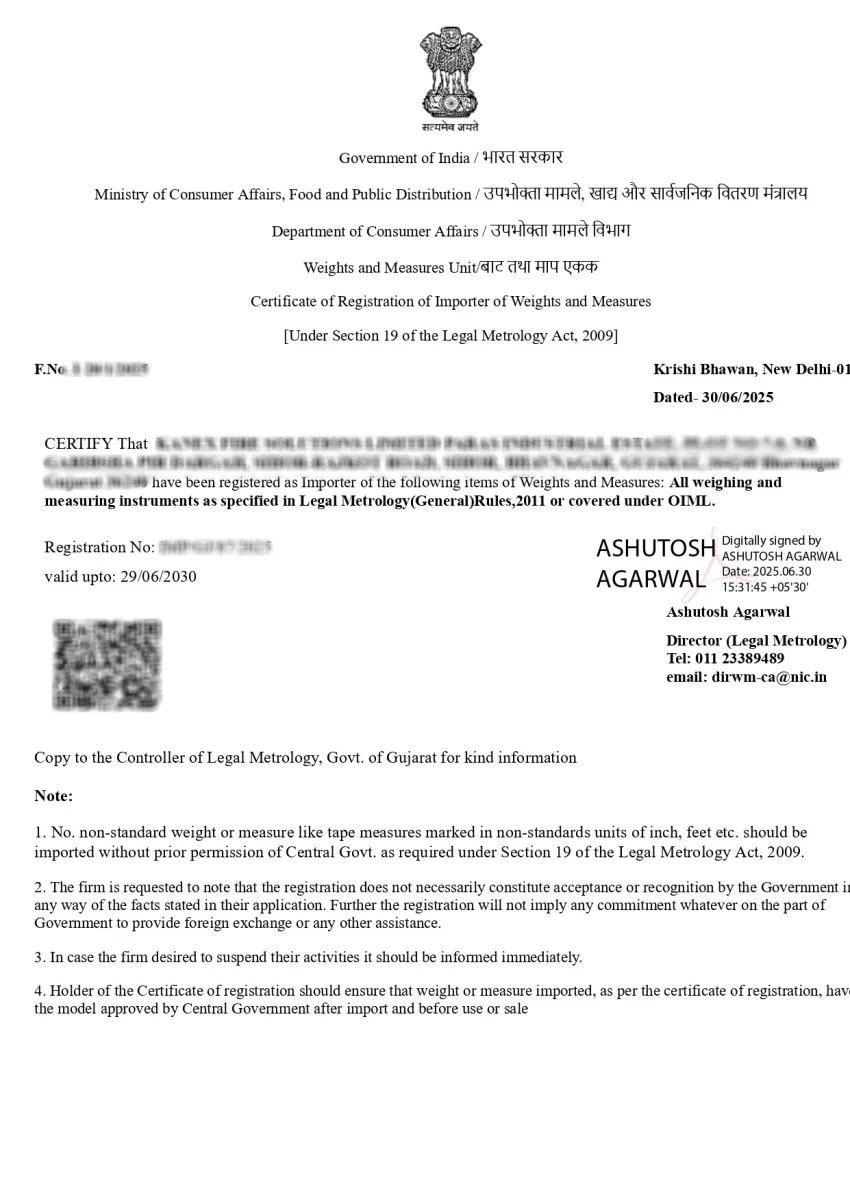 Weight and Measurement Certificate