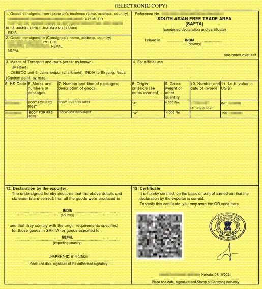 SAFTA Certificate Sample