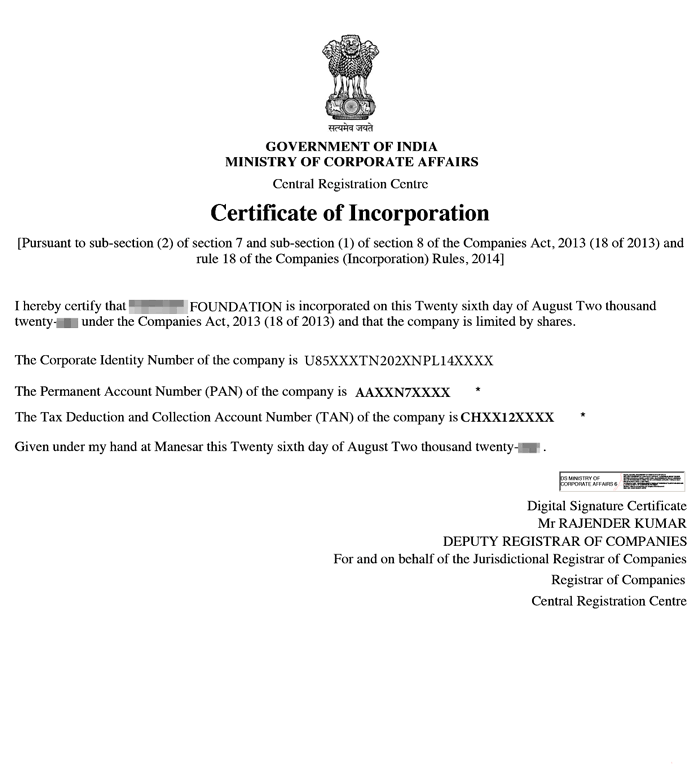 Section 8 Incorporation Certificate Sample